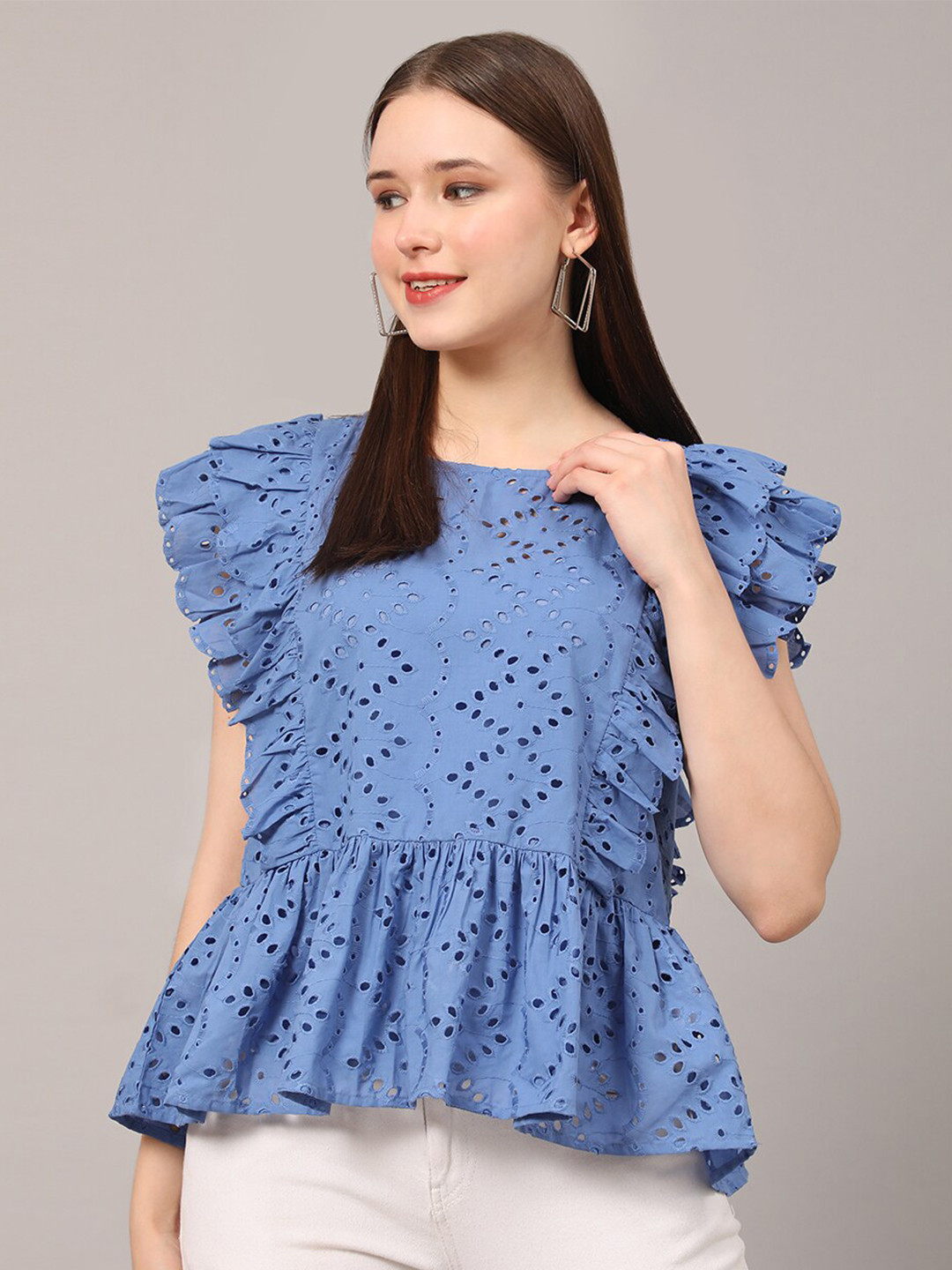 Girls Yellow Front Button Schiffli Peplum Top With Skorts