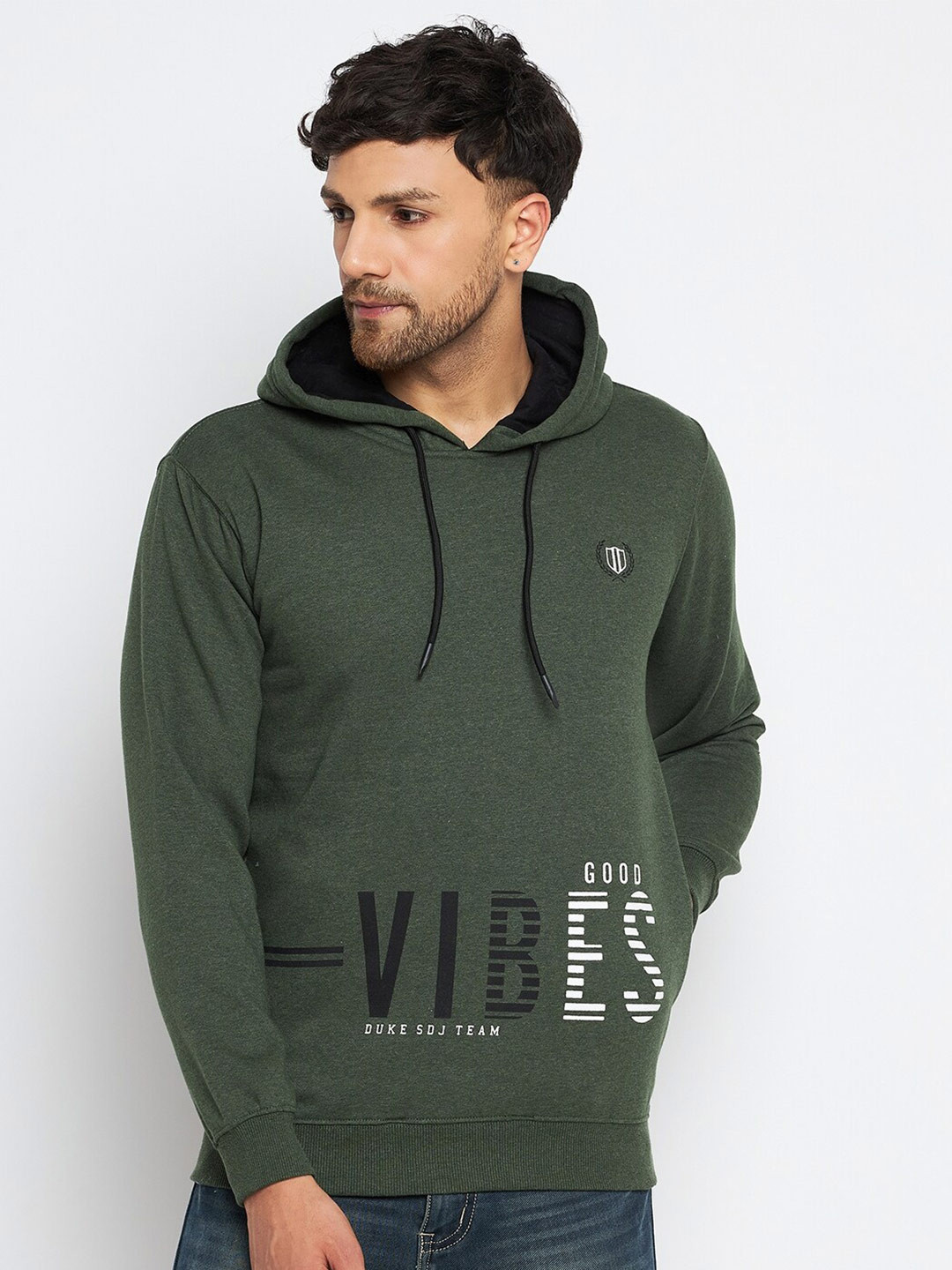 Men's Olive Typography Printed Hooded Cotton Sweatshirt