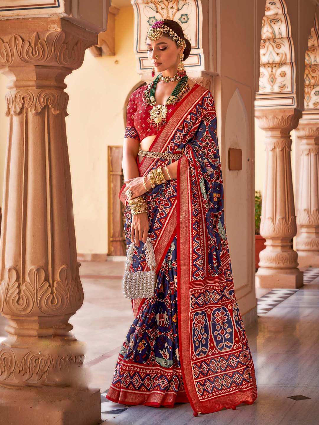 Patola Printed Half-&-half saree with Zari Meenakari floral pattern