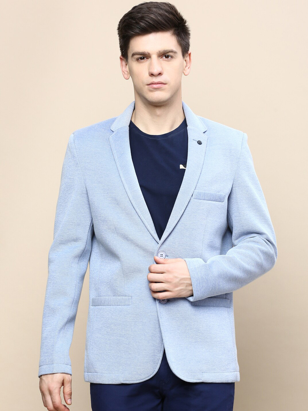 Men's Grey Notched Lapel Collar Single-Breasted Slim-Fit Blazer