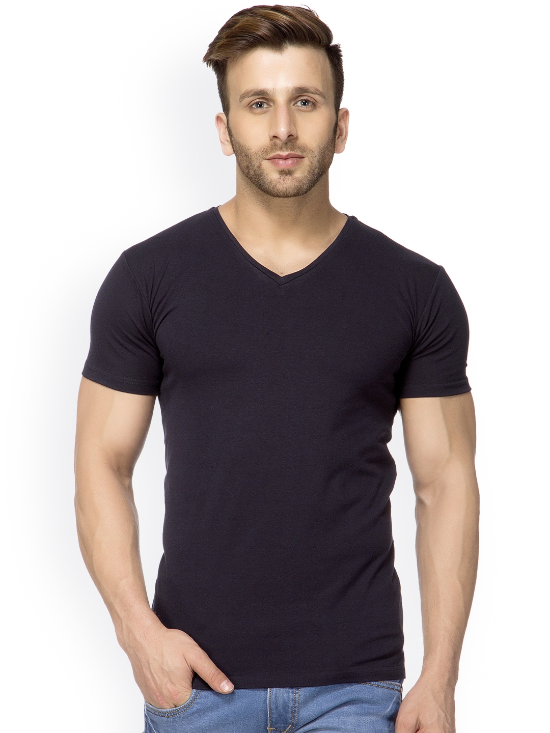 Buy Tinted Men Navy Blue Solid V Neck Slim Fit T Shirt - Tshirts for ...