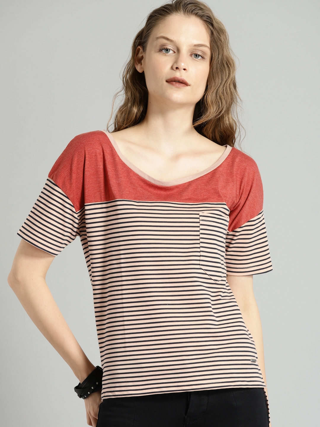 Download Buy Roadster Women Pink & White Striped Round Neck T Shirt ...