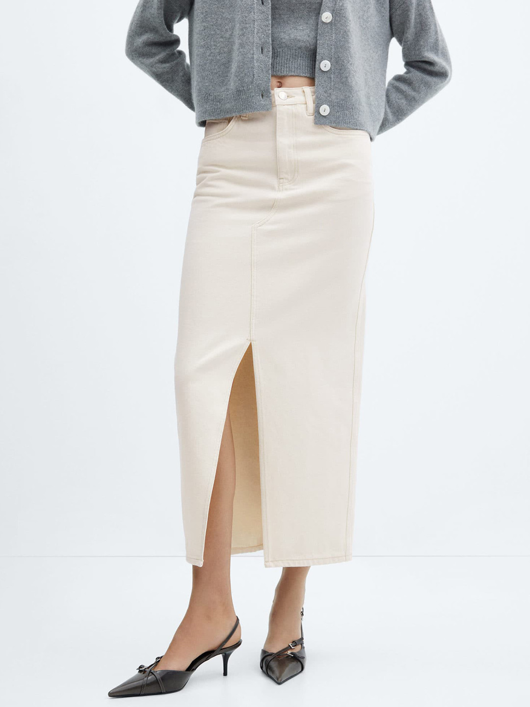 Women Beige Front Slit Midi Skirt