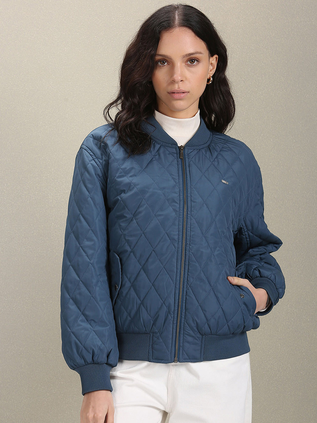 Buy U.S. Polo Assn. Women Checked Mandarin Collar Quilted Jacket