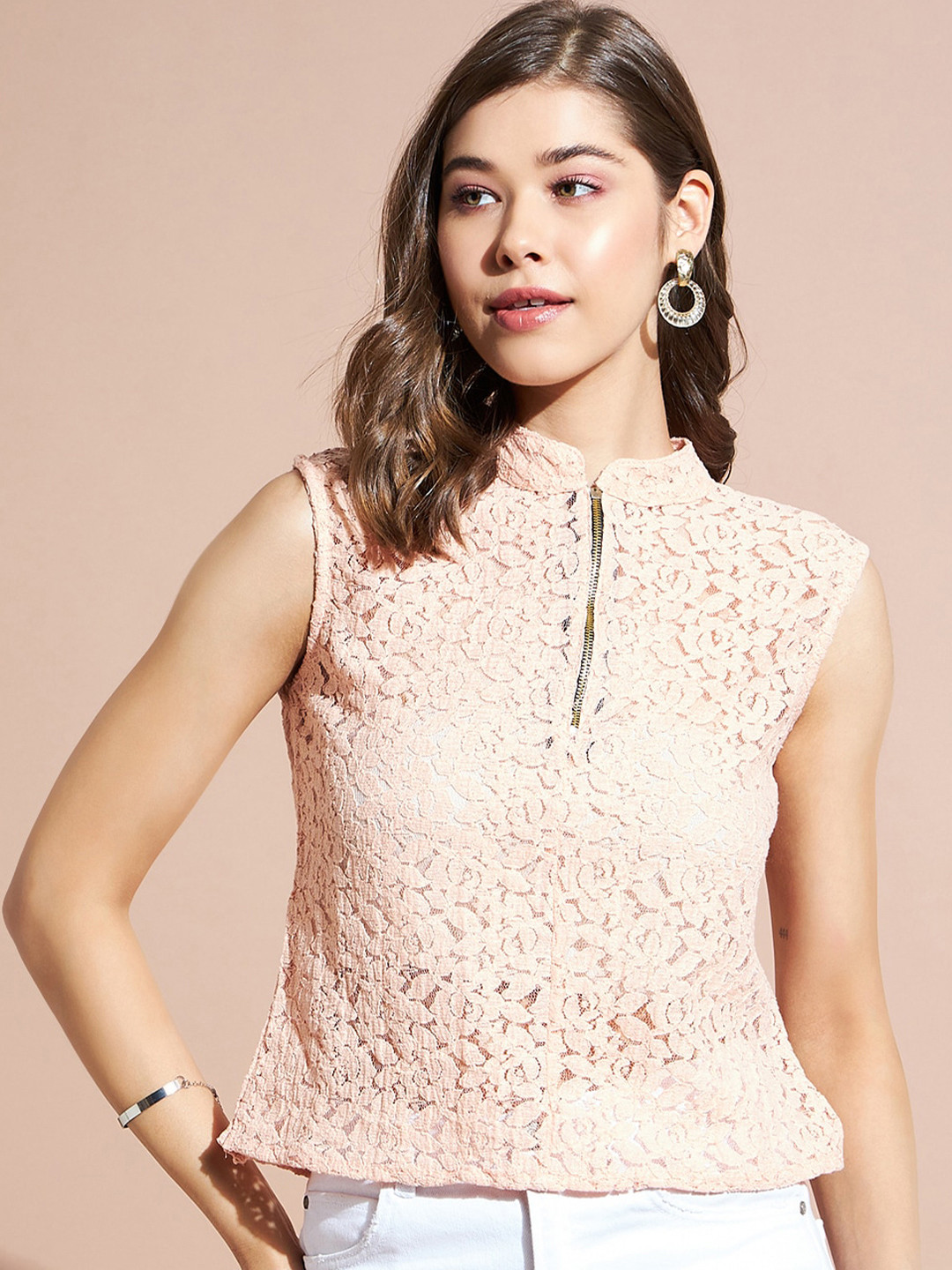 Buy DressBerry Pink Floral Self Design Mandarin Collar Sleeveless Net