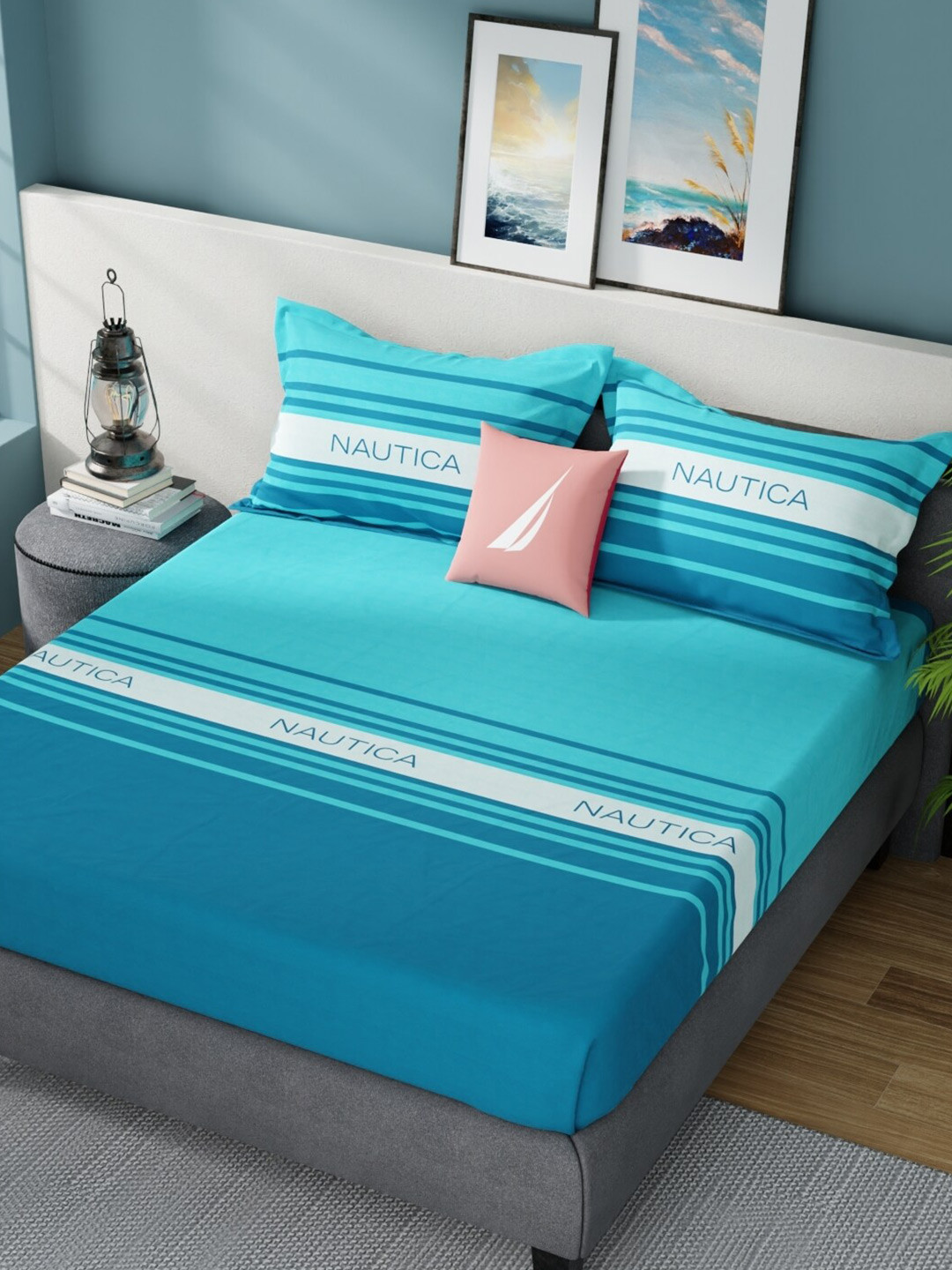 Buy Nautica Bradford Blue & White Striped Cotton 160 TC King Bedsheet