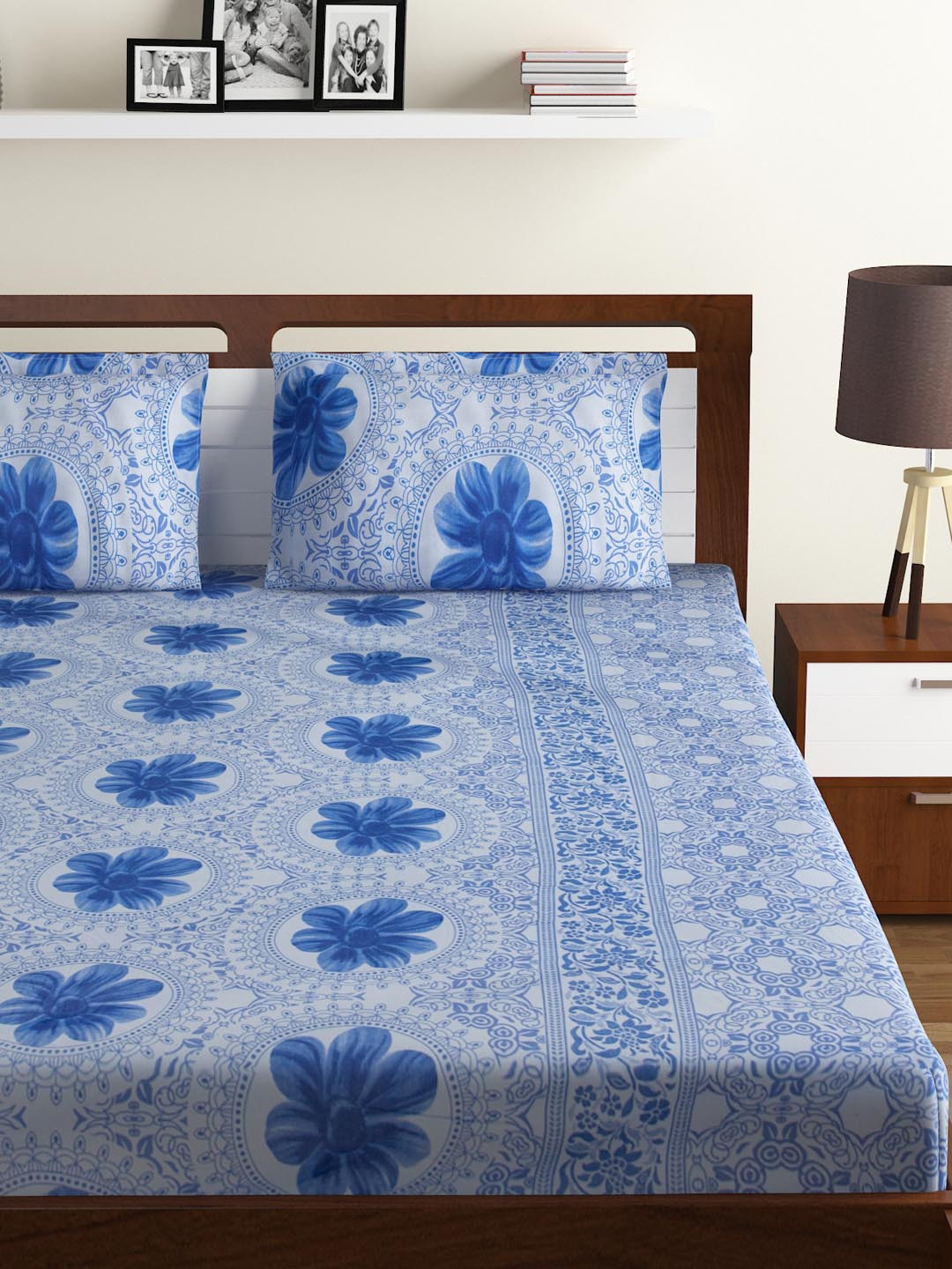 Buy BOMBAY DYEING Blue Floral Flat 104 TC Cotton 1 King Bedsheet With 2