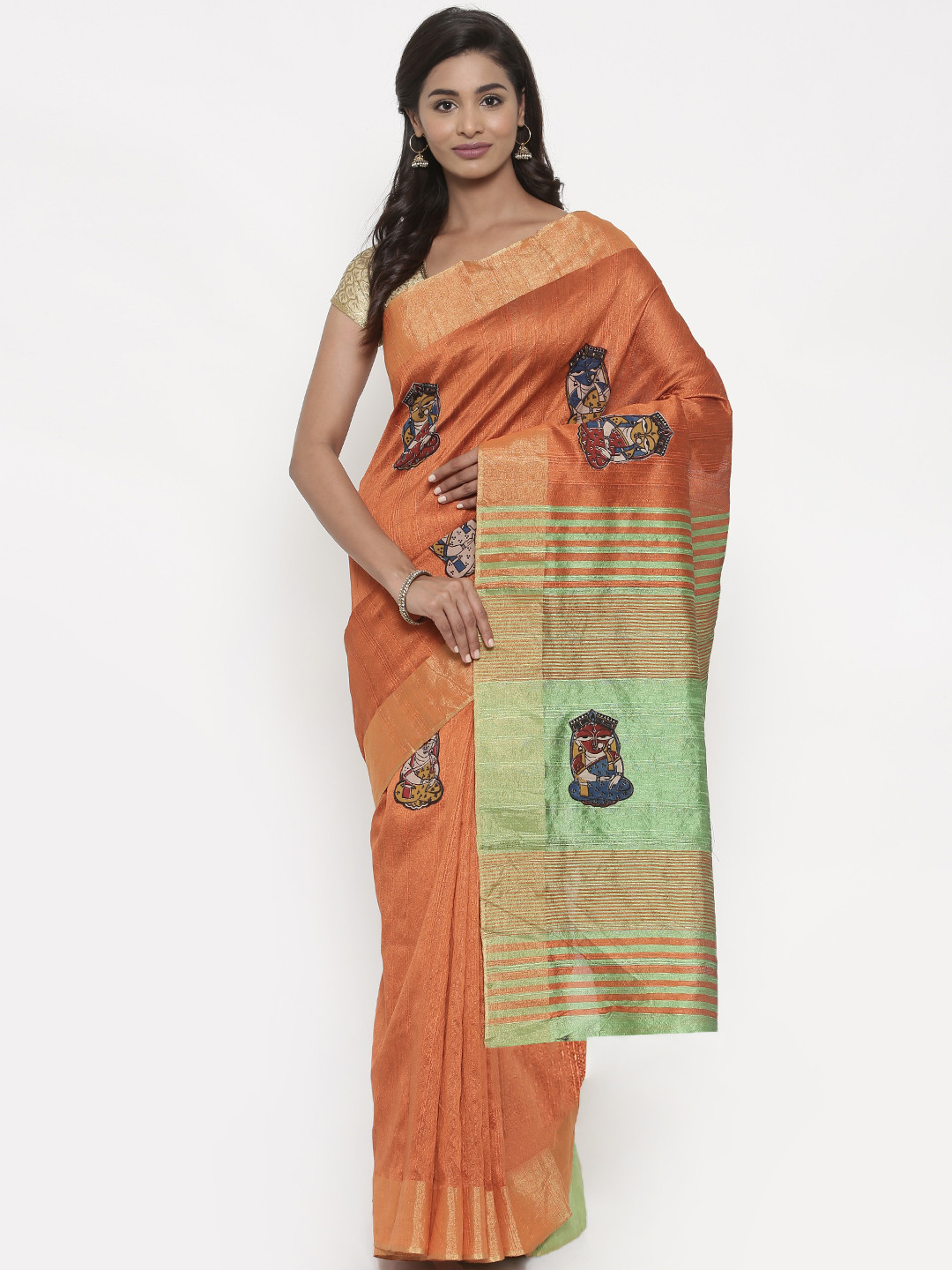 Buy The Chennai Silks Classicate Rust Orange Printed Jute Cotton Saree