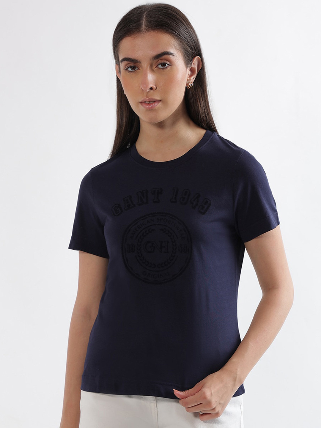 Gant Women Yellow Printed Crew Neck T-Shirt