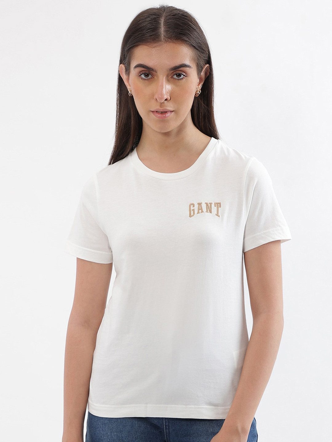 Gant Women Off White Graphic Crew Neck Tshirt