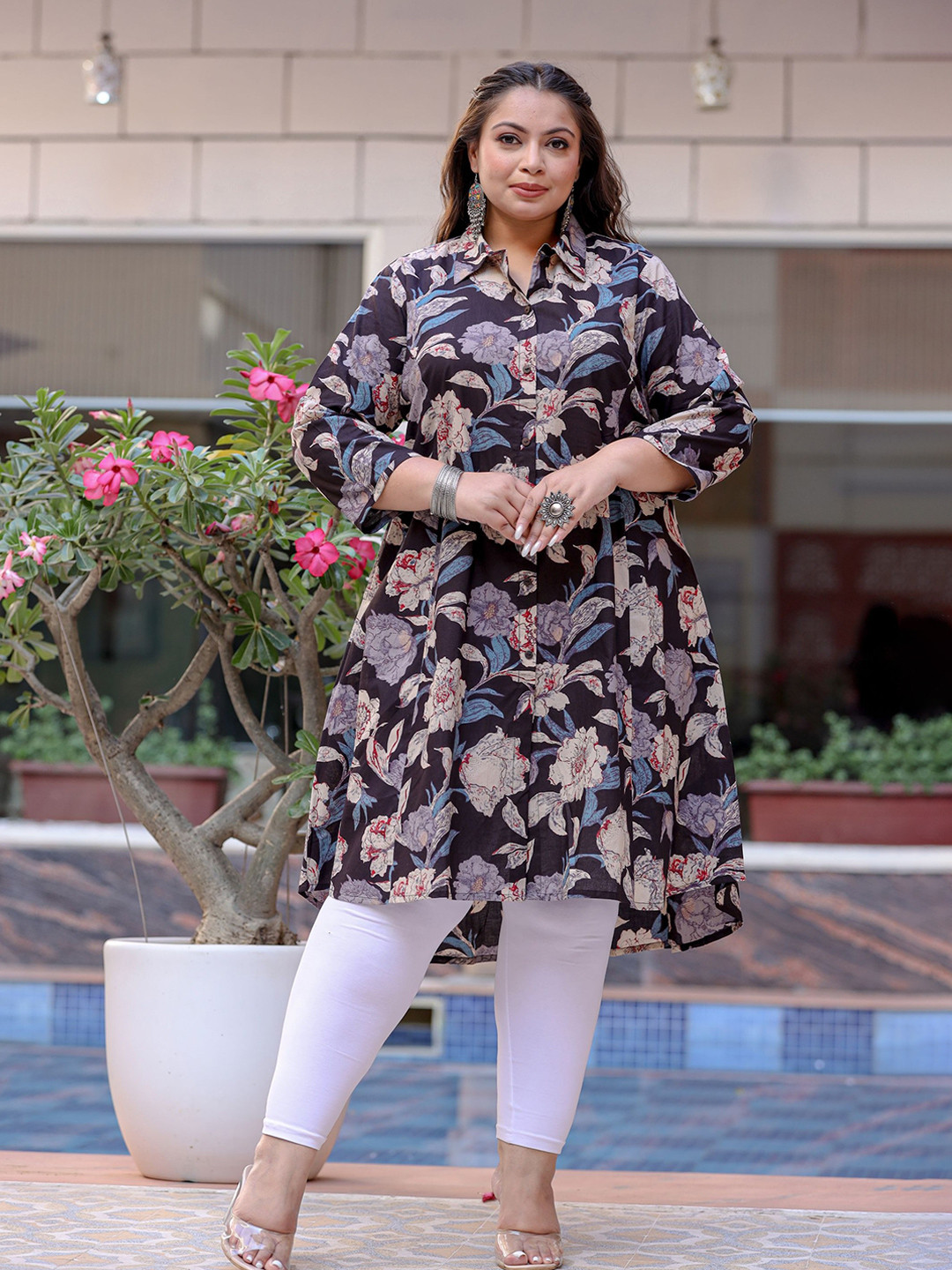 Buy KAAJH Plus Size Floral Printed Spread Collar A Line Kurta Kurtas