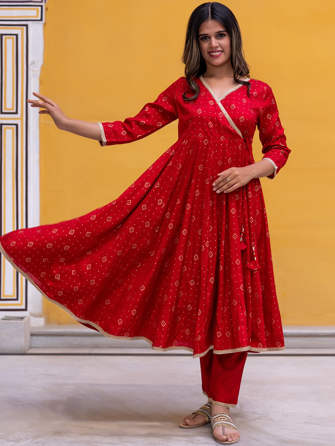 Girls Red Leheriya Printed Angrakha Kurta With Solid Palazzos