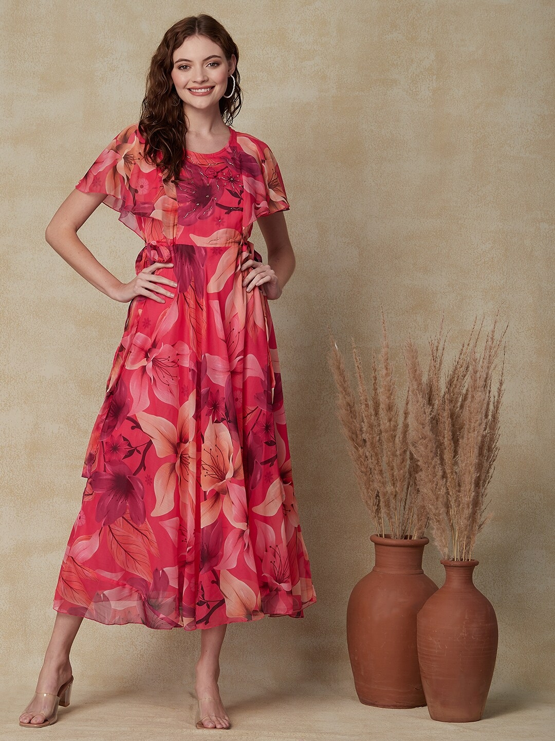 Buy FASHOR Floral Printed Flutter Sleeve Chiffon A Line Midi Dress ...