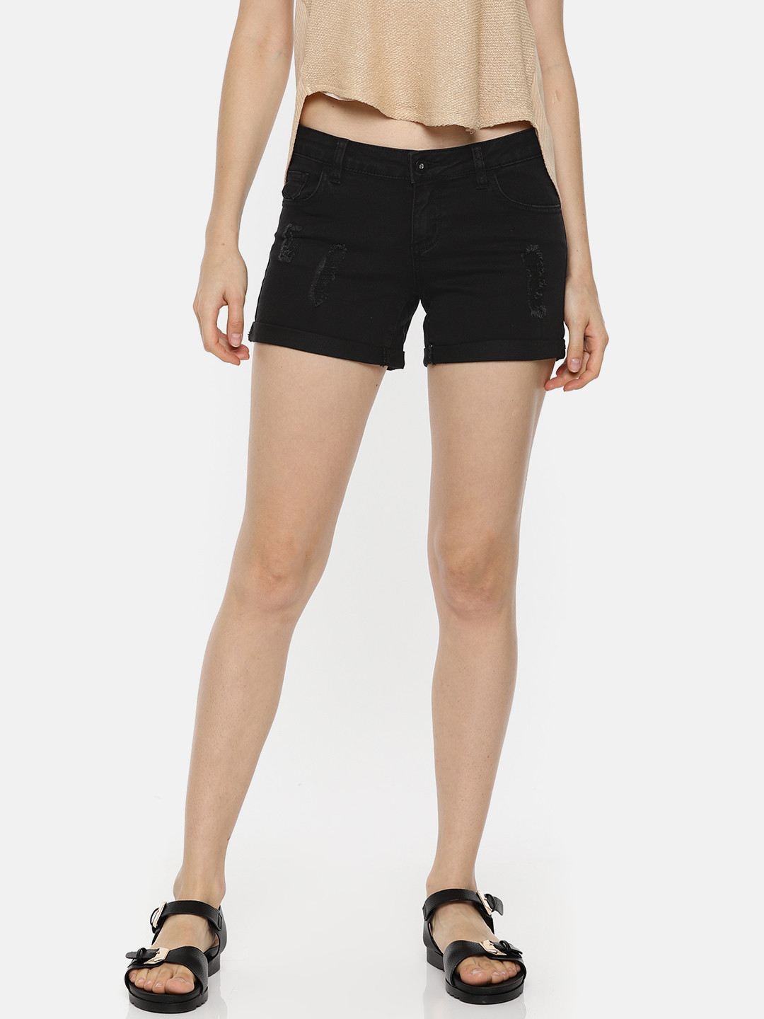 Buy Vero Moda Women Black Washed Slim Fit Distressed Denim Shorts - Shorts for Women 2491512 