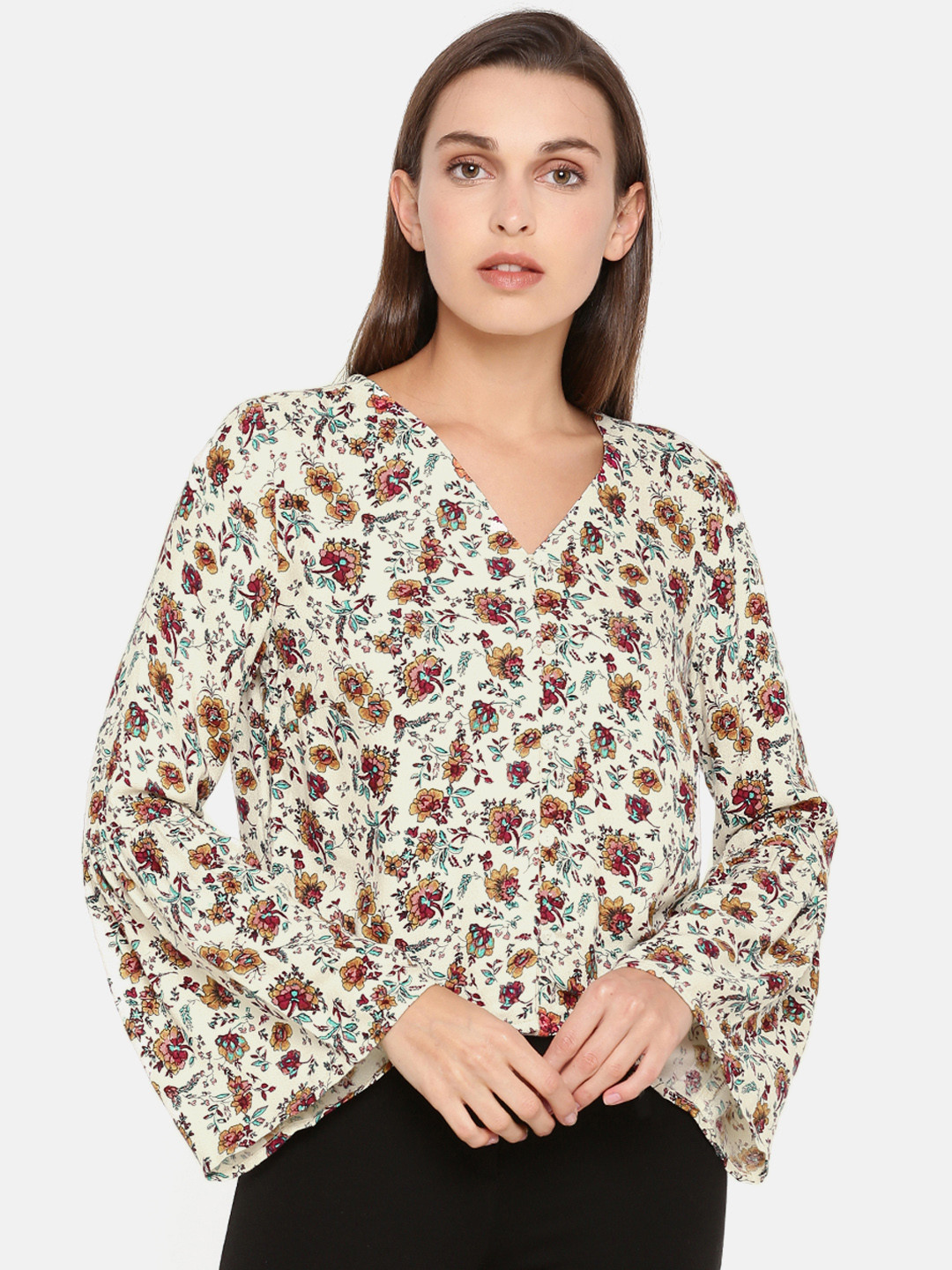 Buy ONLY Women Cream Coloured Floral Print Shirt Style Top Tops for