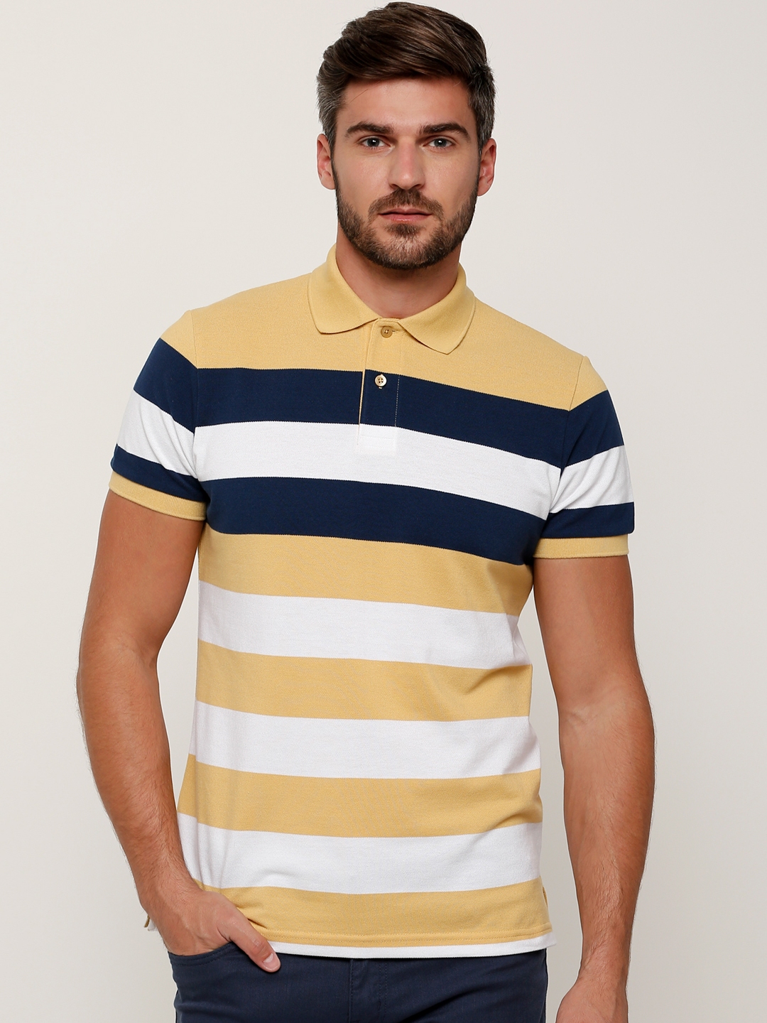 mens yellow and white striped t shirt