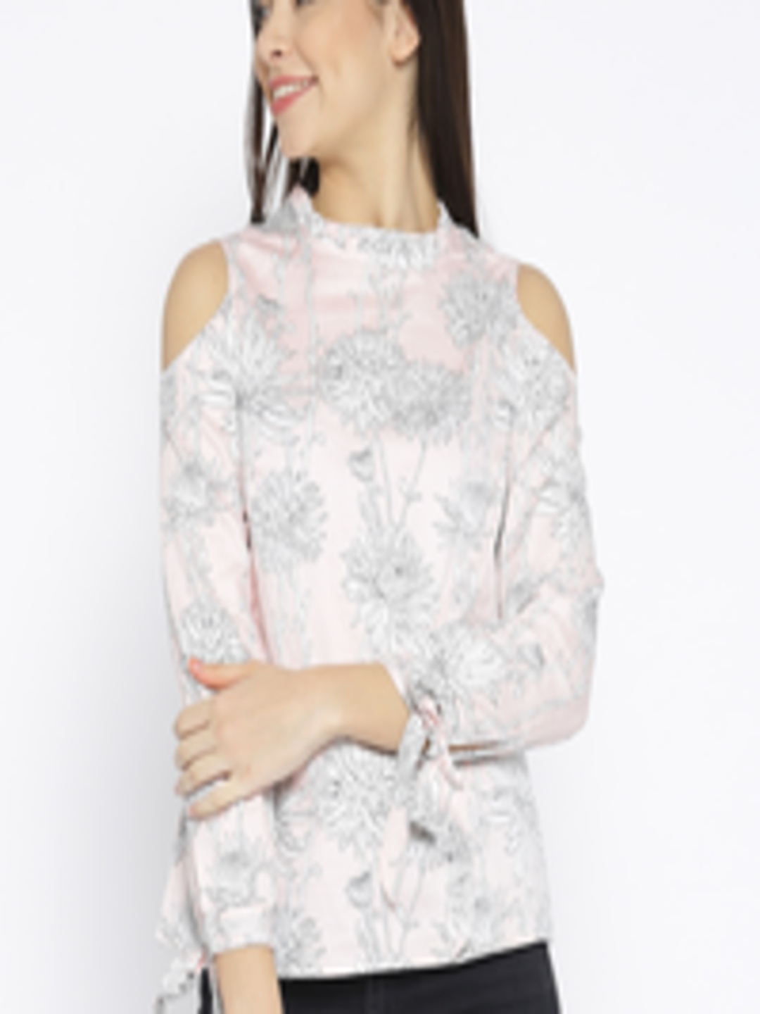 Buy Vero Moda Women Pink & White Printed Cold Shoulder Pure Cotton Top ...