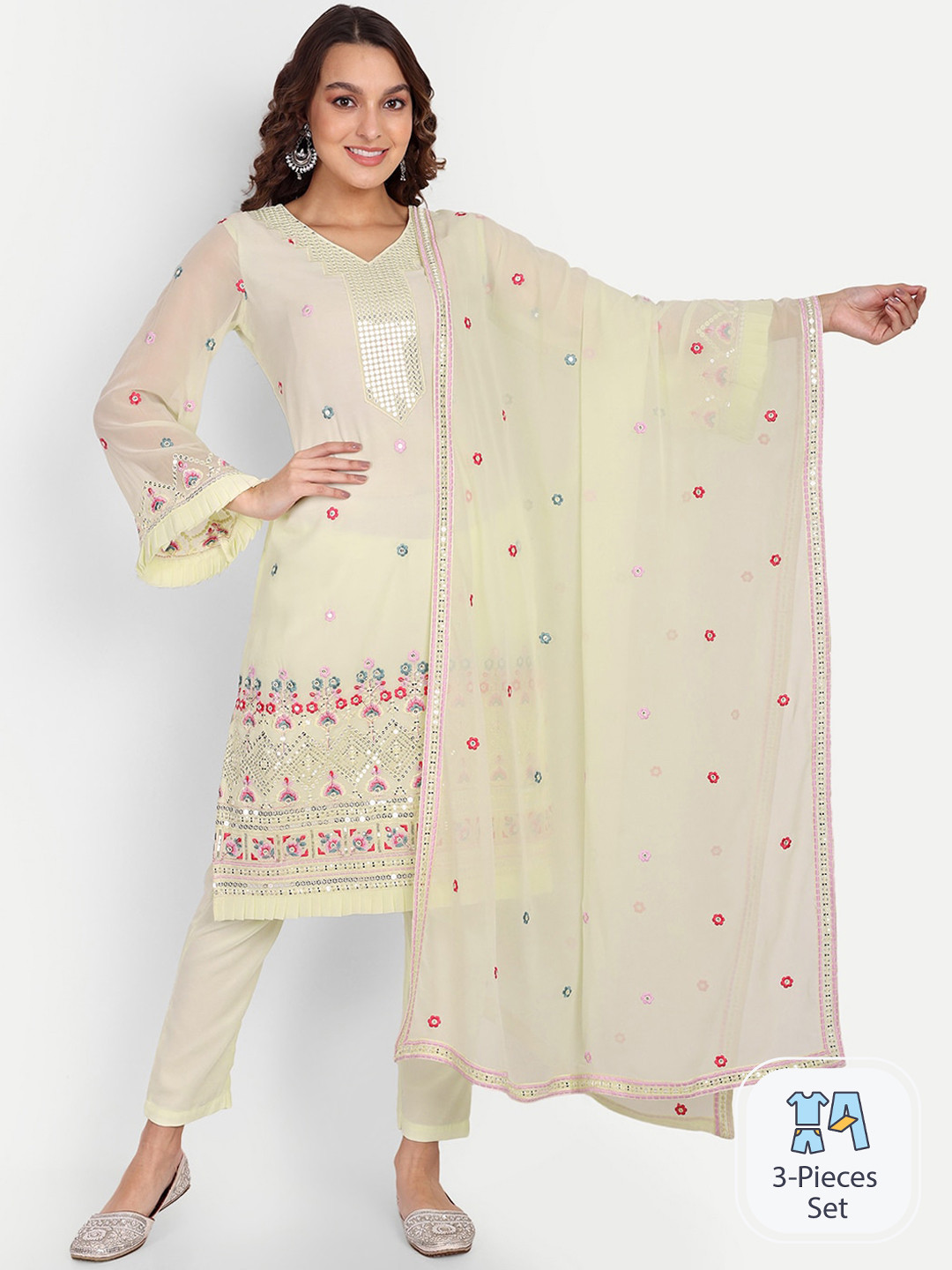 Off White Floral Embroidered Pure Cotton Mirror Work Kurta & Trouser With Dupatta