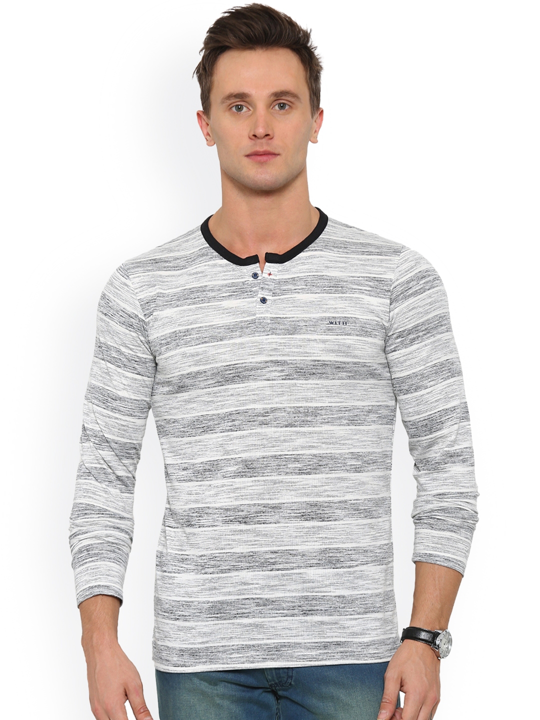 Buy WITH Men Black & Grey Striped Slim Fit Henley Neck T Shirt ...