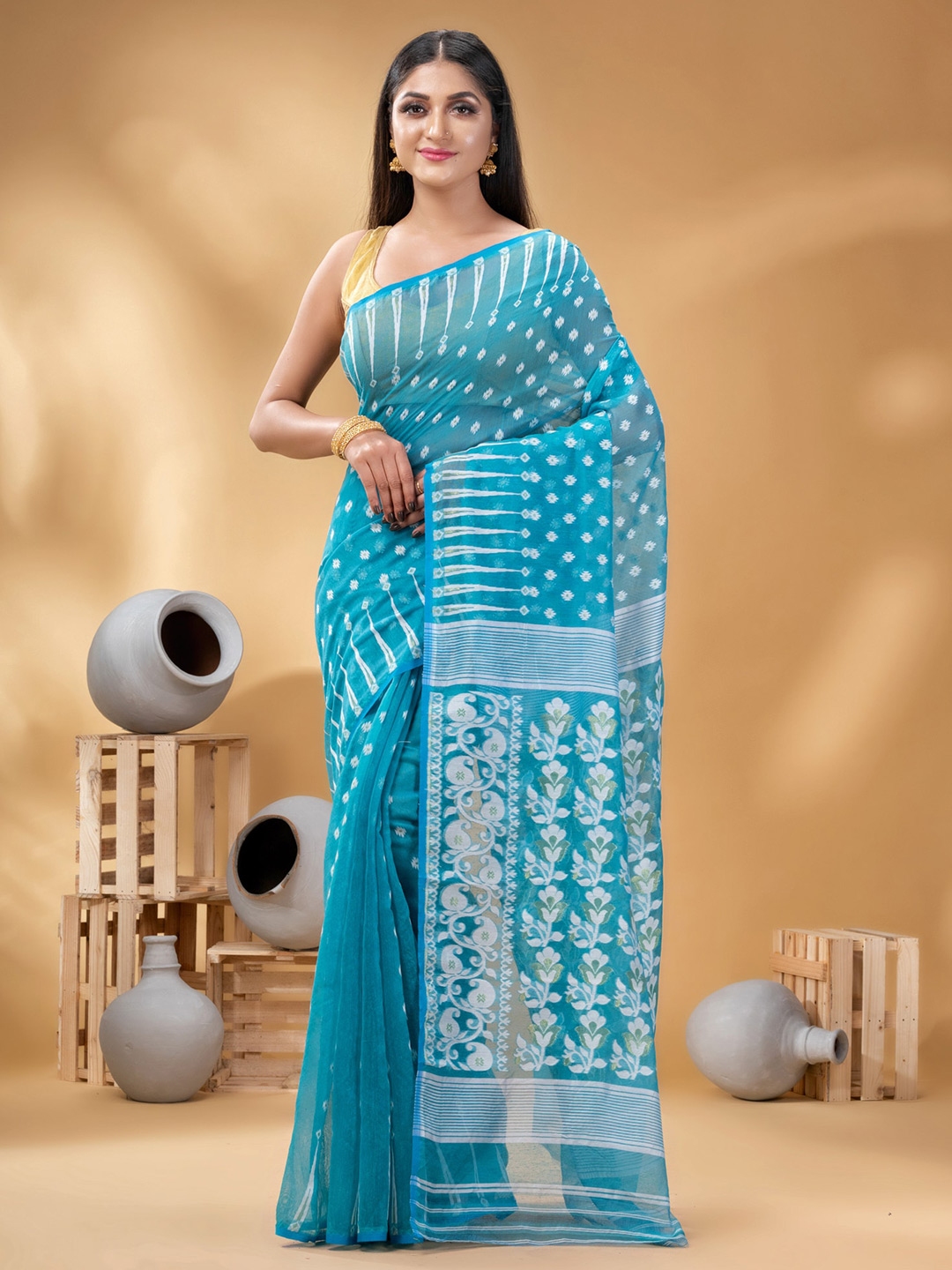 Buy DESH BIDESH Ethnic Motifs Woven Design Pure Cotton Jamdani Saree ...