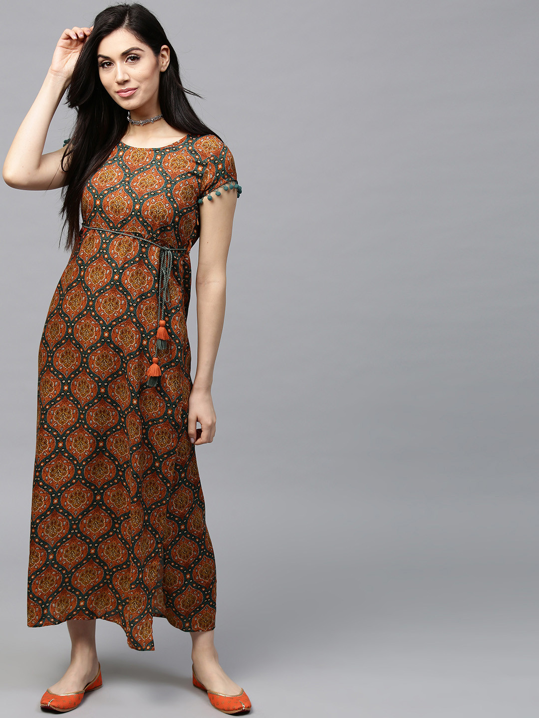 Buy AKS Women Orange &amp; Teal Green Printed Maxi Dress