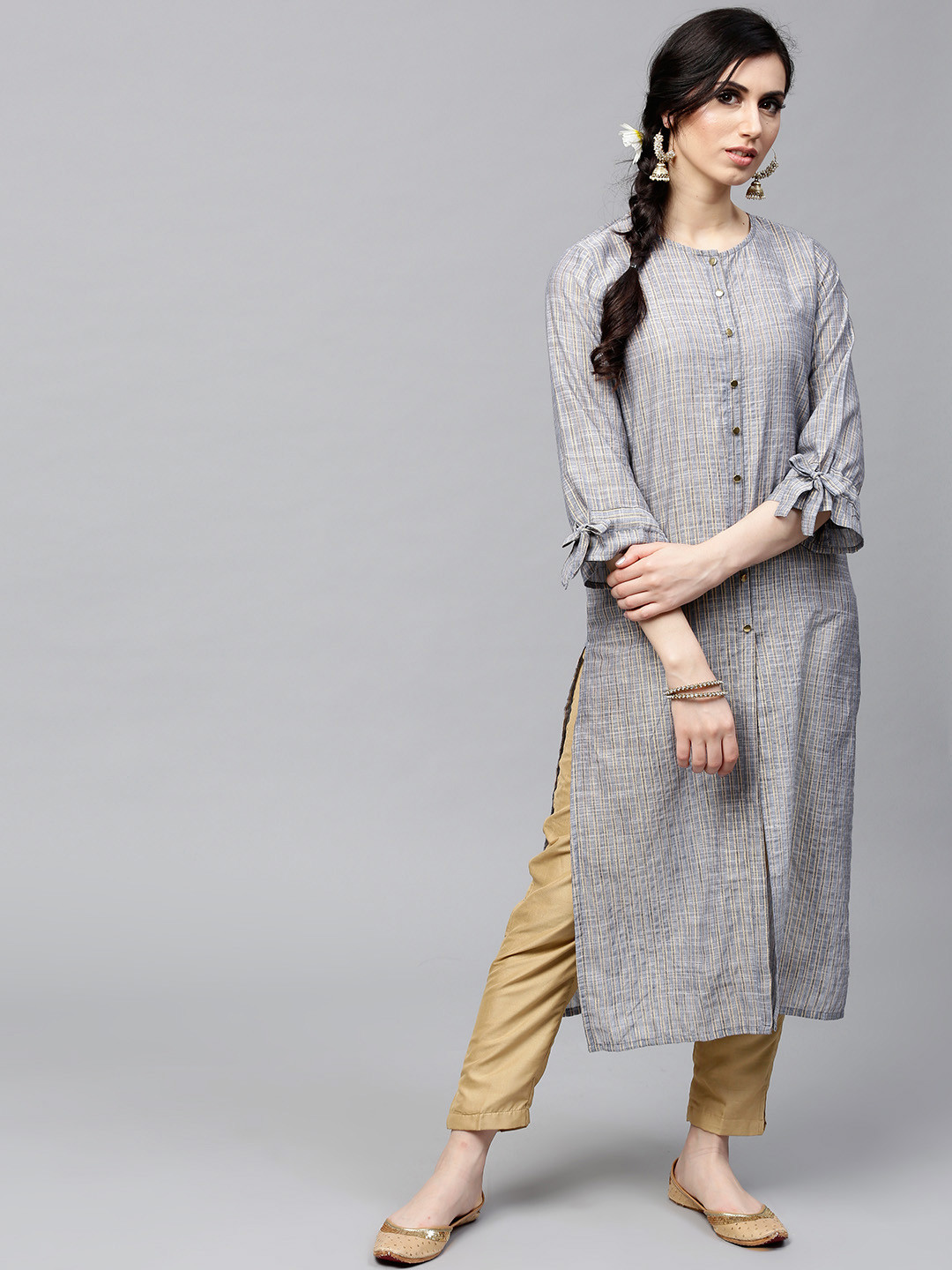 Buy AKS Women Grey & Golden Striped Straight Kurta Kurtas for Women