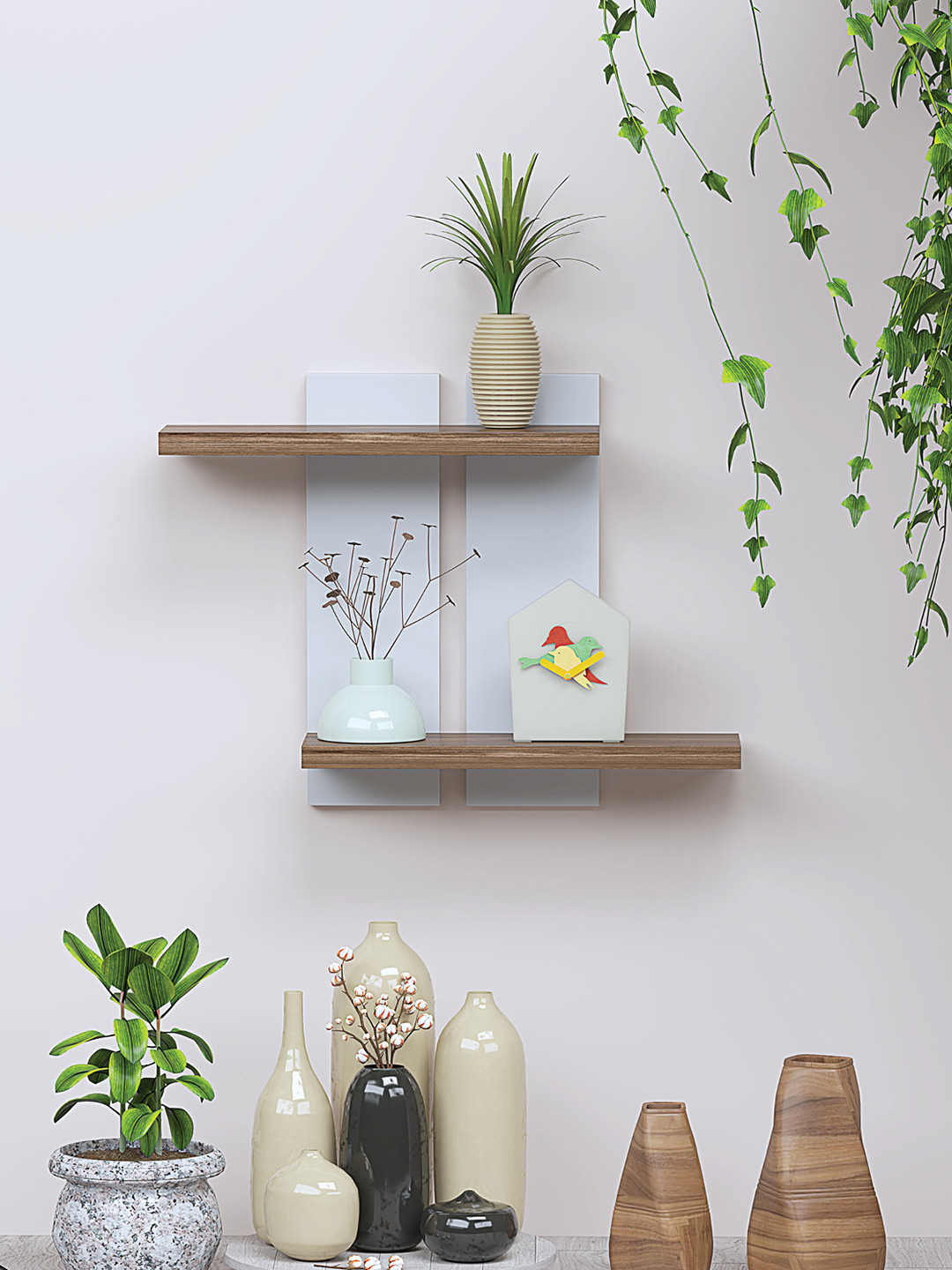 Buy RANDOM White & Brown Wood 2 Tier Wall Shelf - Wall Shelves for ...