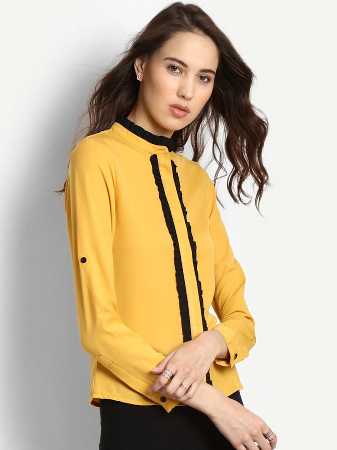 Buy StalkBuyLove Women Mustard & Black Regular Fit Solid Casual Shirt