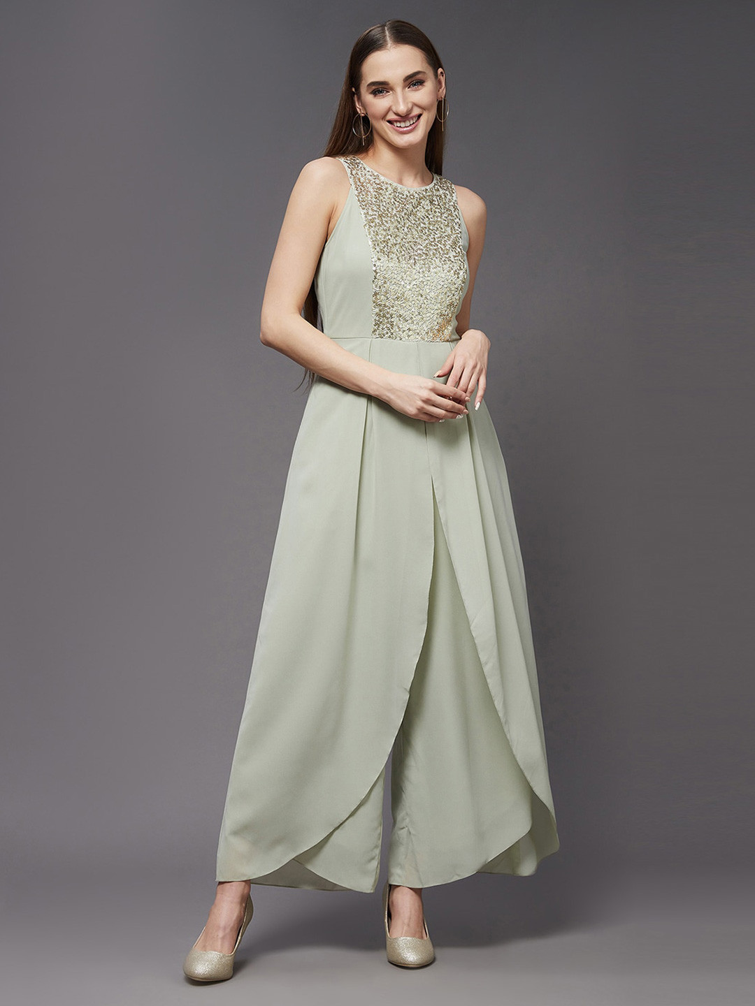 Women Green & Golden Dhoti Style Printed Basic Jumpsuit main image 1
