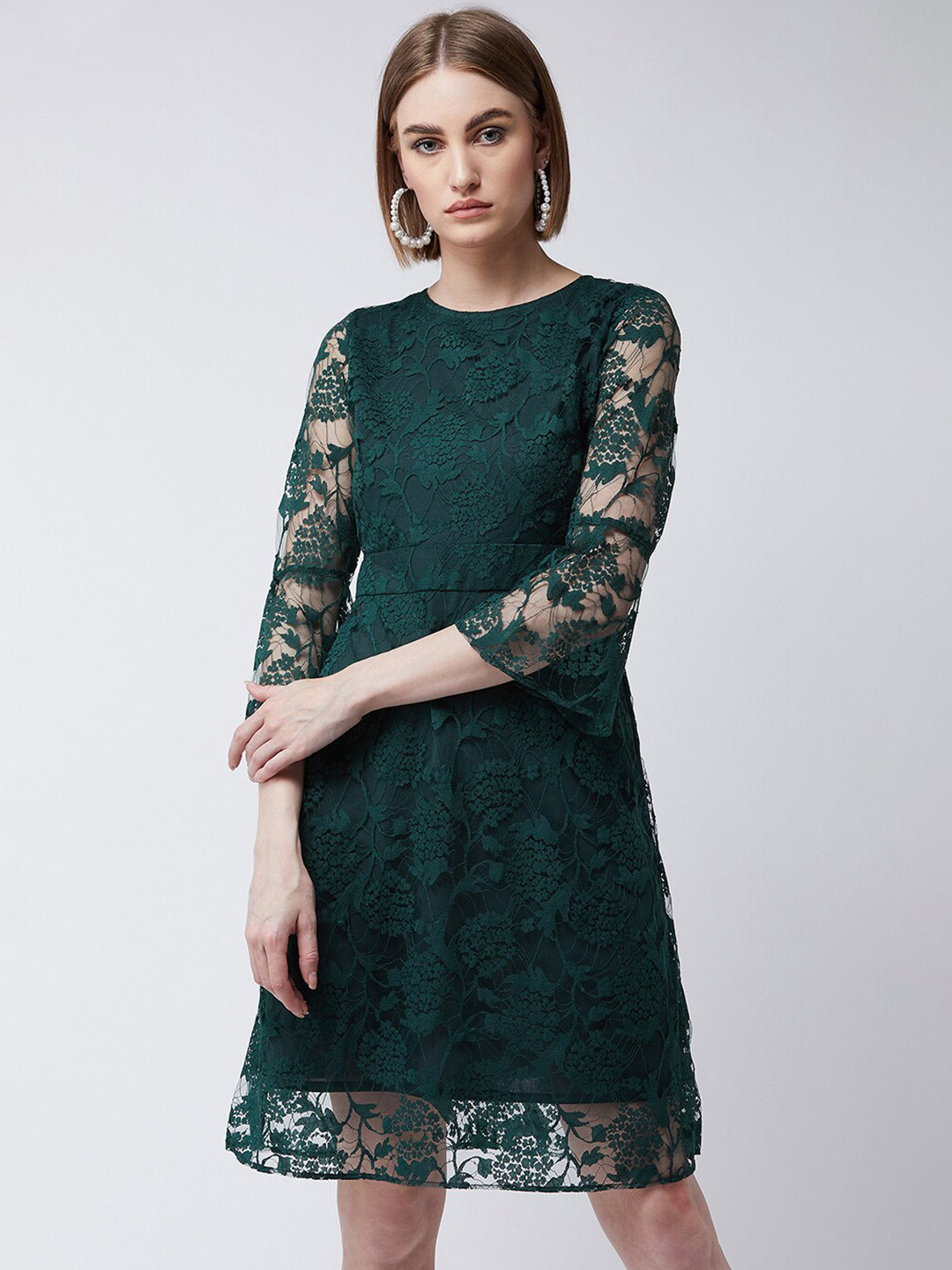Buy DressBerry Green Self Design Flared Sleeves Lace A Line Dress ...