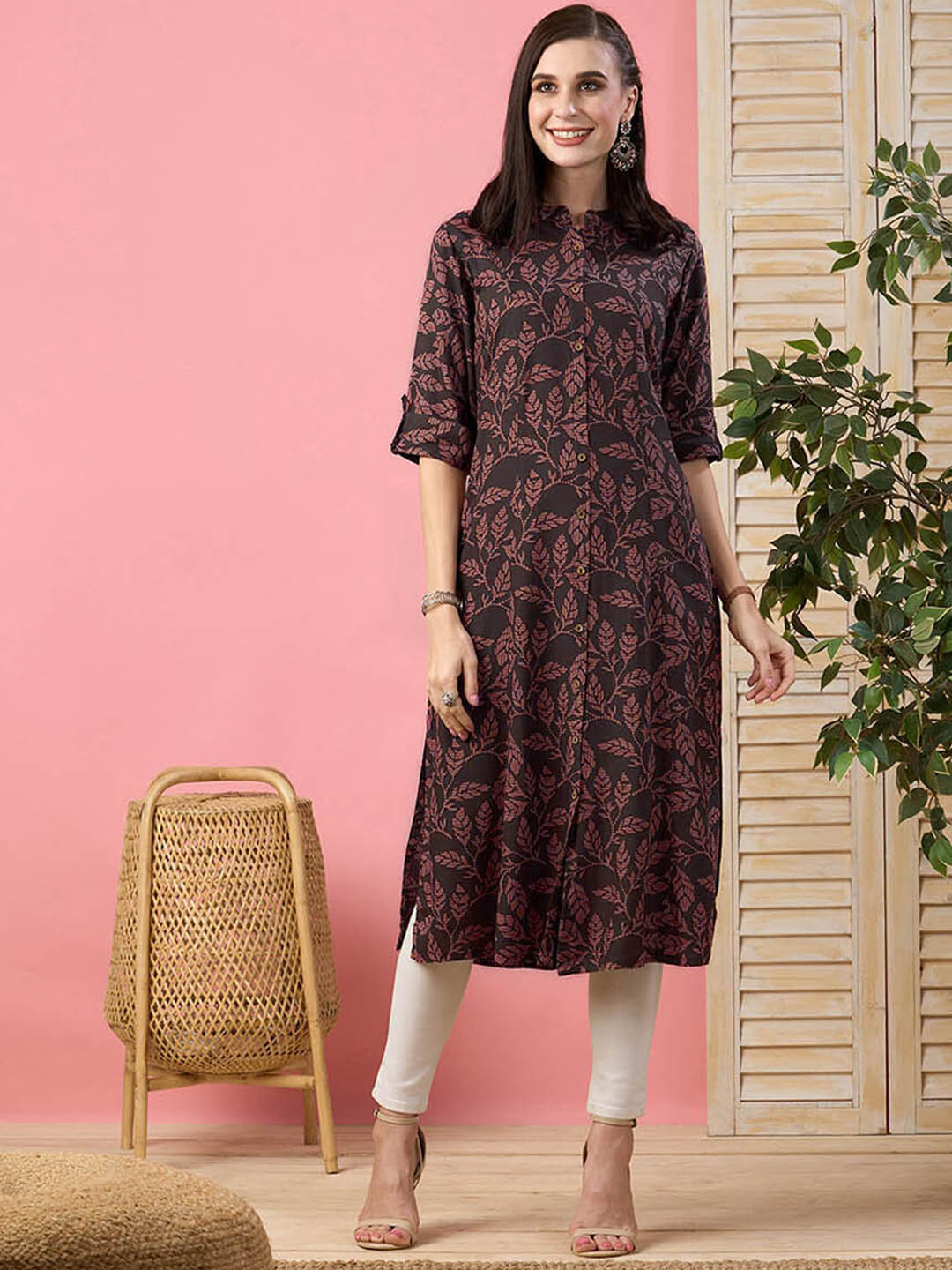 Buy ZOLA Floral Printed Mandarin Collar Roll Up Sleeves Straight Kurta