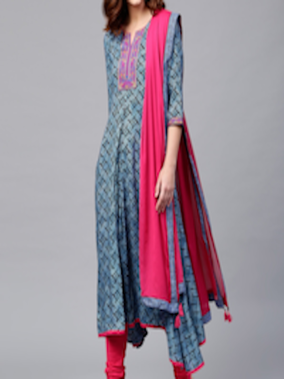 Buy Rain & Rainbow Women Blue & Pink Printed Kurta With Churidar ...