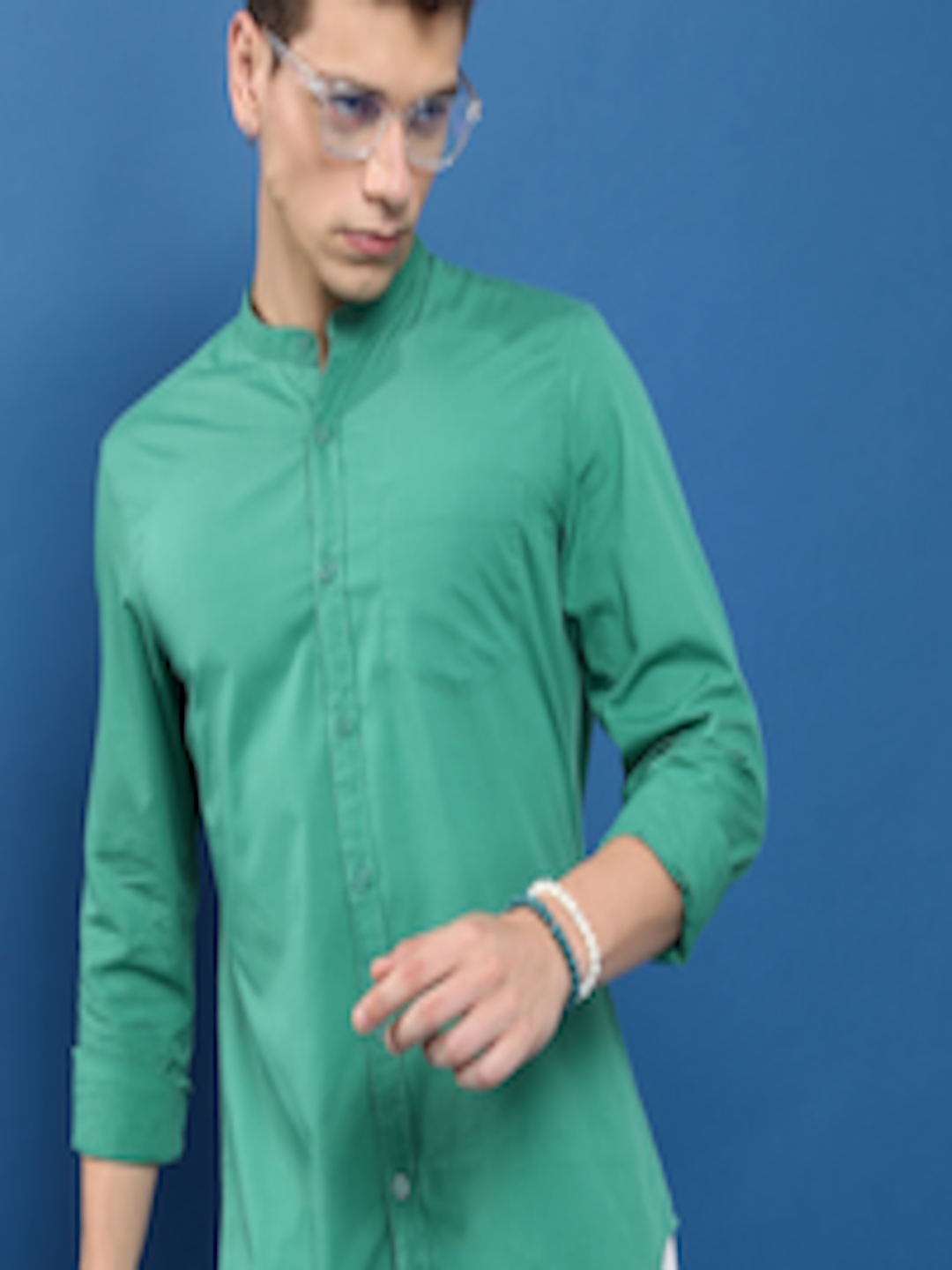 Buy HIGHLANDER Green Slim Fit Band Collar Long Sleeve Pocket Cotton ...