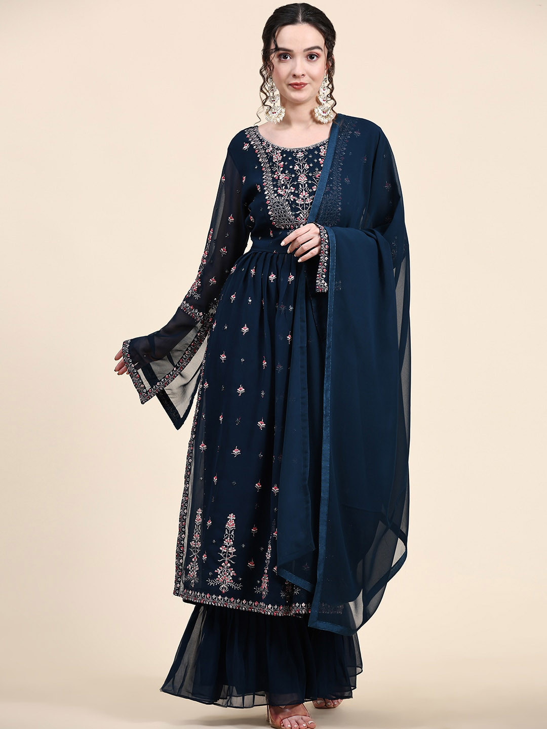 Women Floral Embroidered Pleated Sequinned Kurta with Trousers & With Dupatta