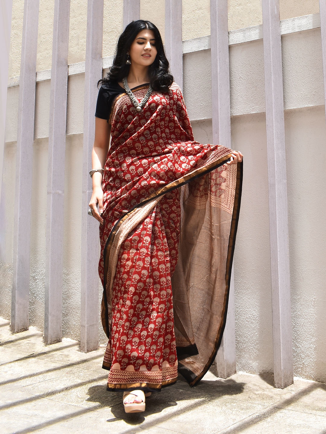 Buy TEEJH Ethnic Printed Zari Silk Cotton Chanderi Saree Sarees for