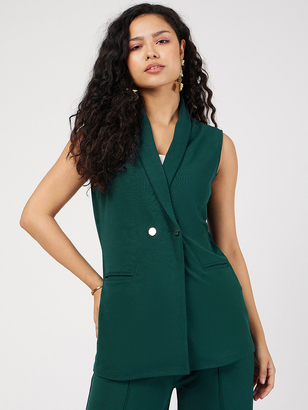 Women Yellow Double-Breast Sleeveless Longline Blazer