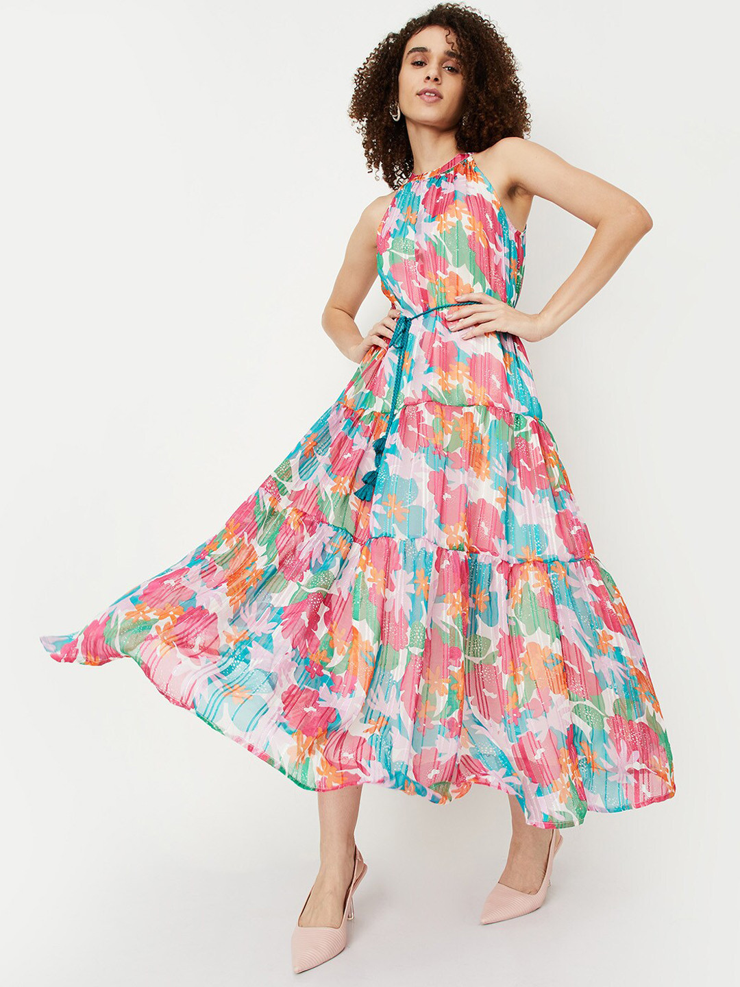 Women Multi Abstract Printed Halter Neck Cotton A-Line Dress