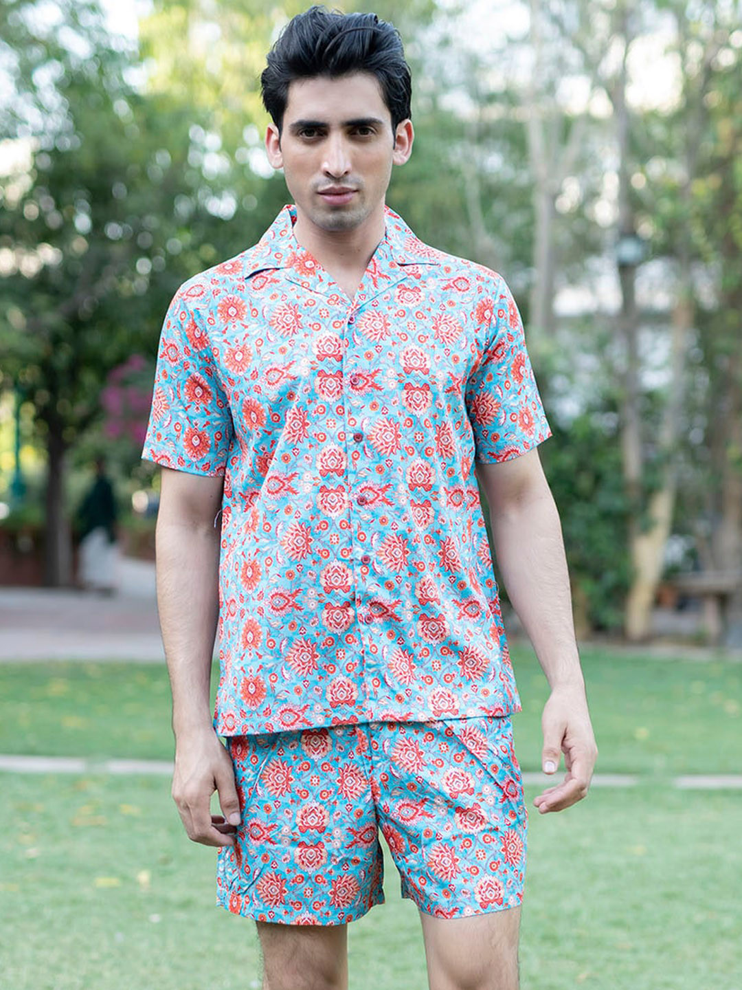 Men's Printed Cuban Collar Multi Relaxed Fit Co-Ords Set