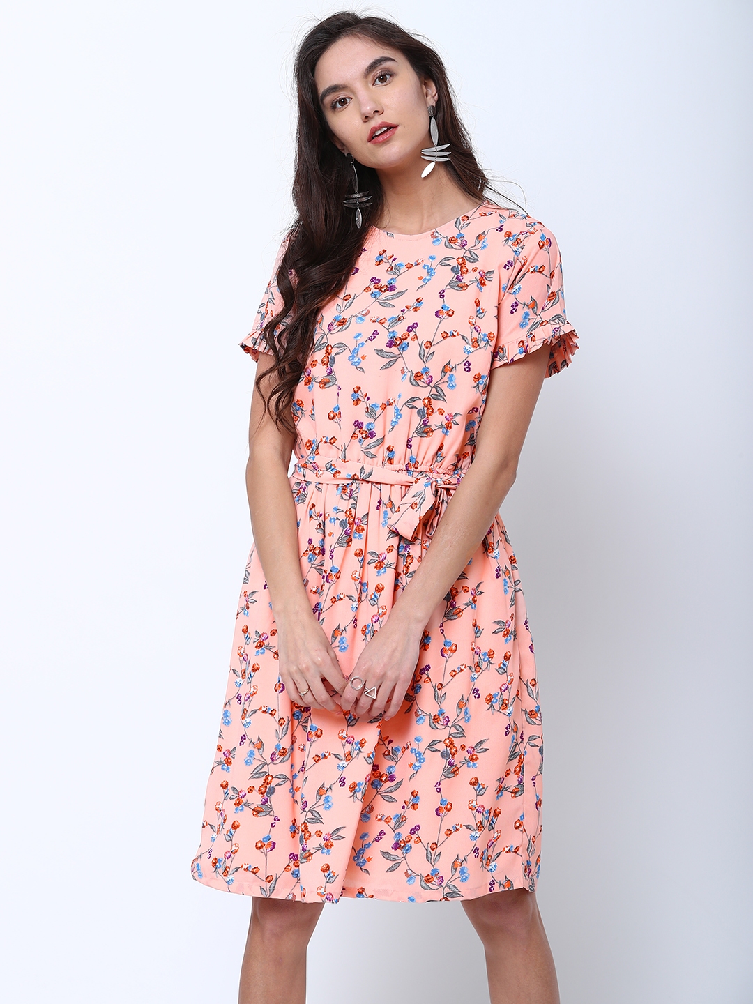 Buy Tokyo Talkies Women Peach Coloured Printed Fit And Flare Dress ...