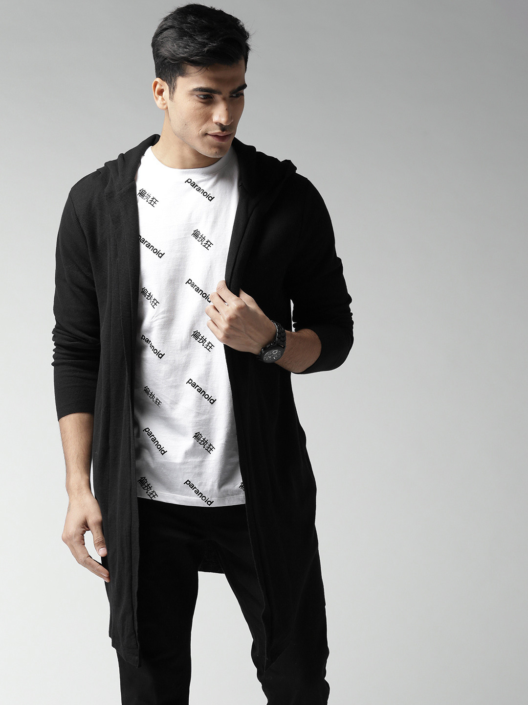 Buy FOREVER 21 Men Black Solid Hooded Longline Open Front Cardigan