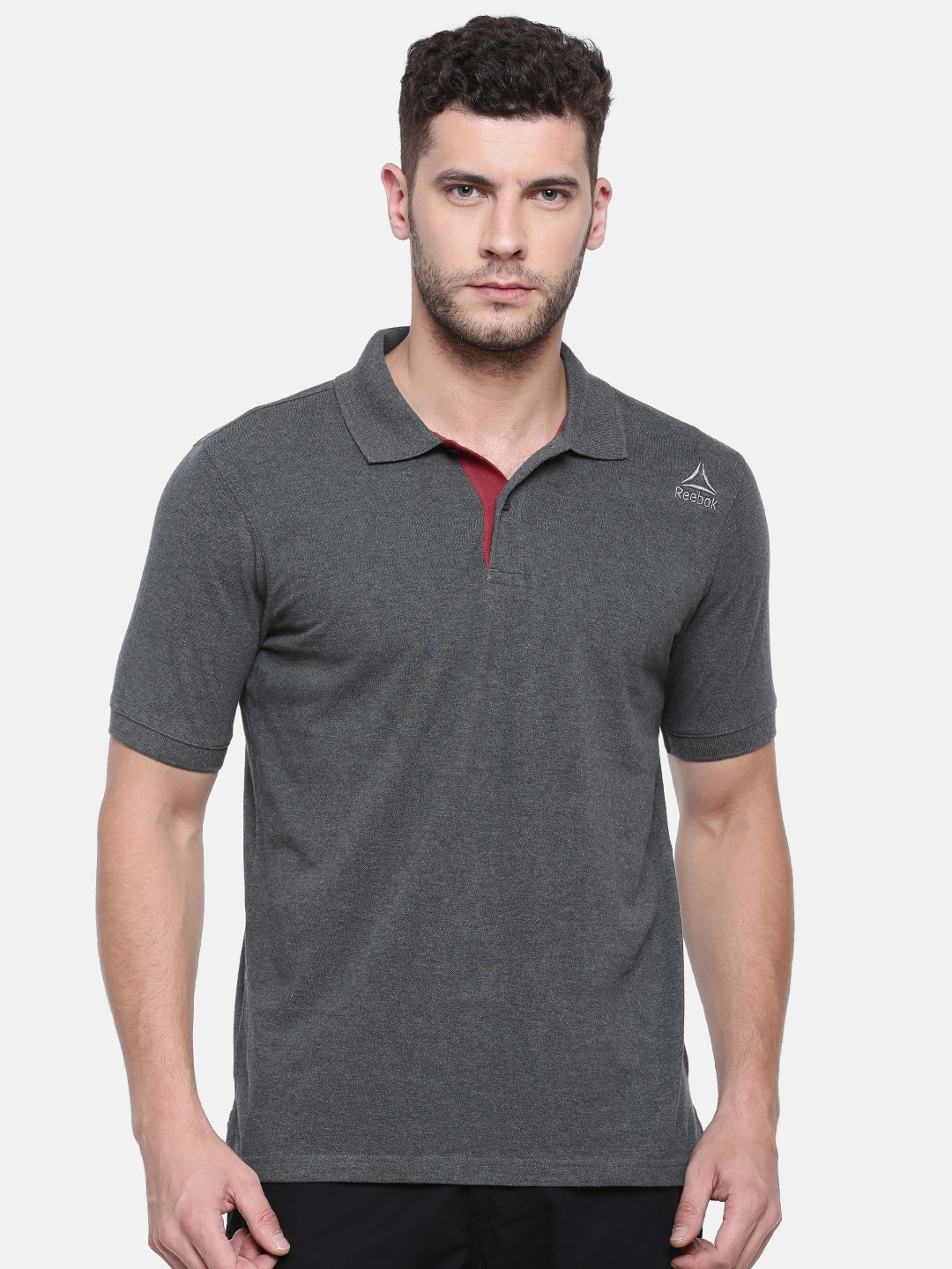 Buy Reebok Men Charcoal Grey Solid CORE Polo Collar Pure Cotton T Shirt