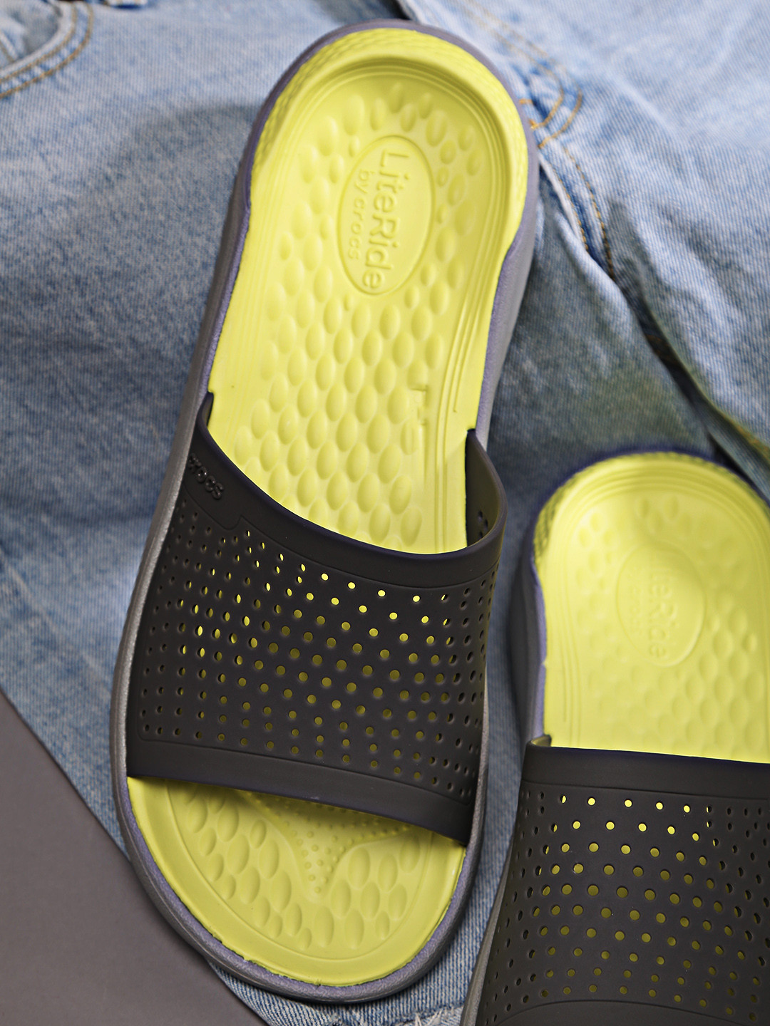 Buy Crocs Literide Men Grey & Yellow Solid Sliders With Cut Out Detail - Flip Flops for Men 