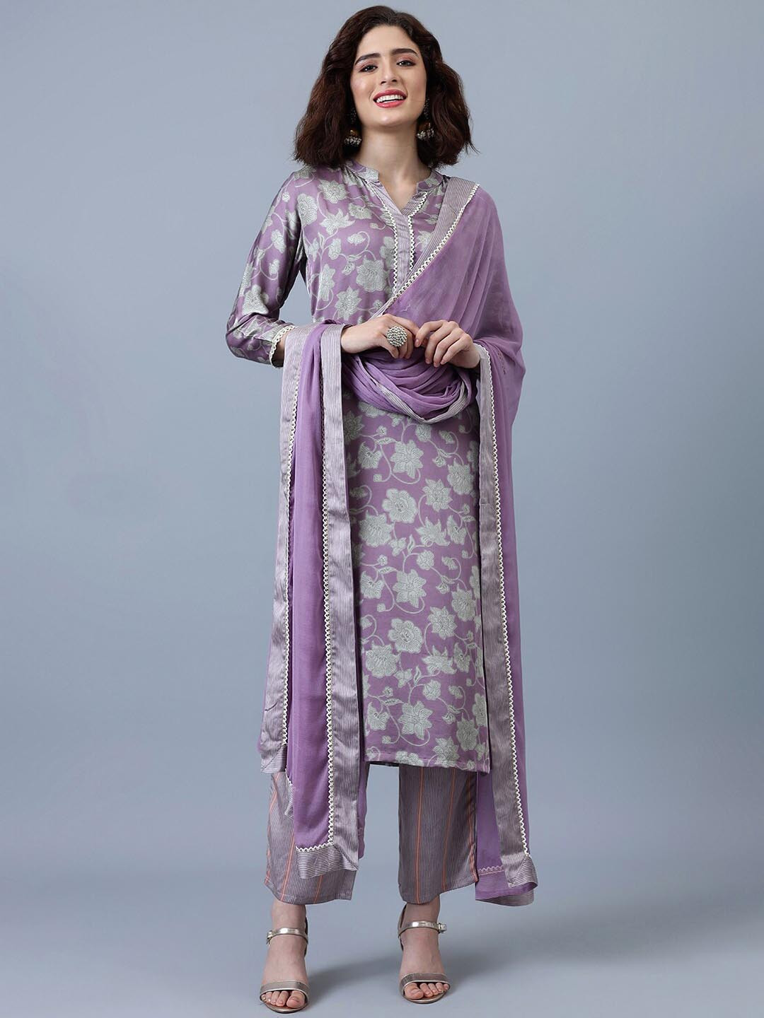 Women Floral Printed Mandarin Collar Pure Cotton Kurta with Palazzos & With Dupatta Set