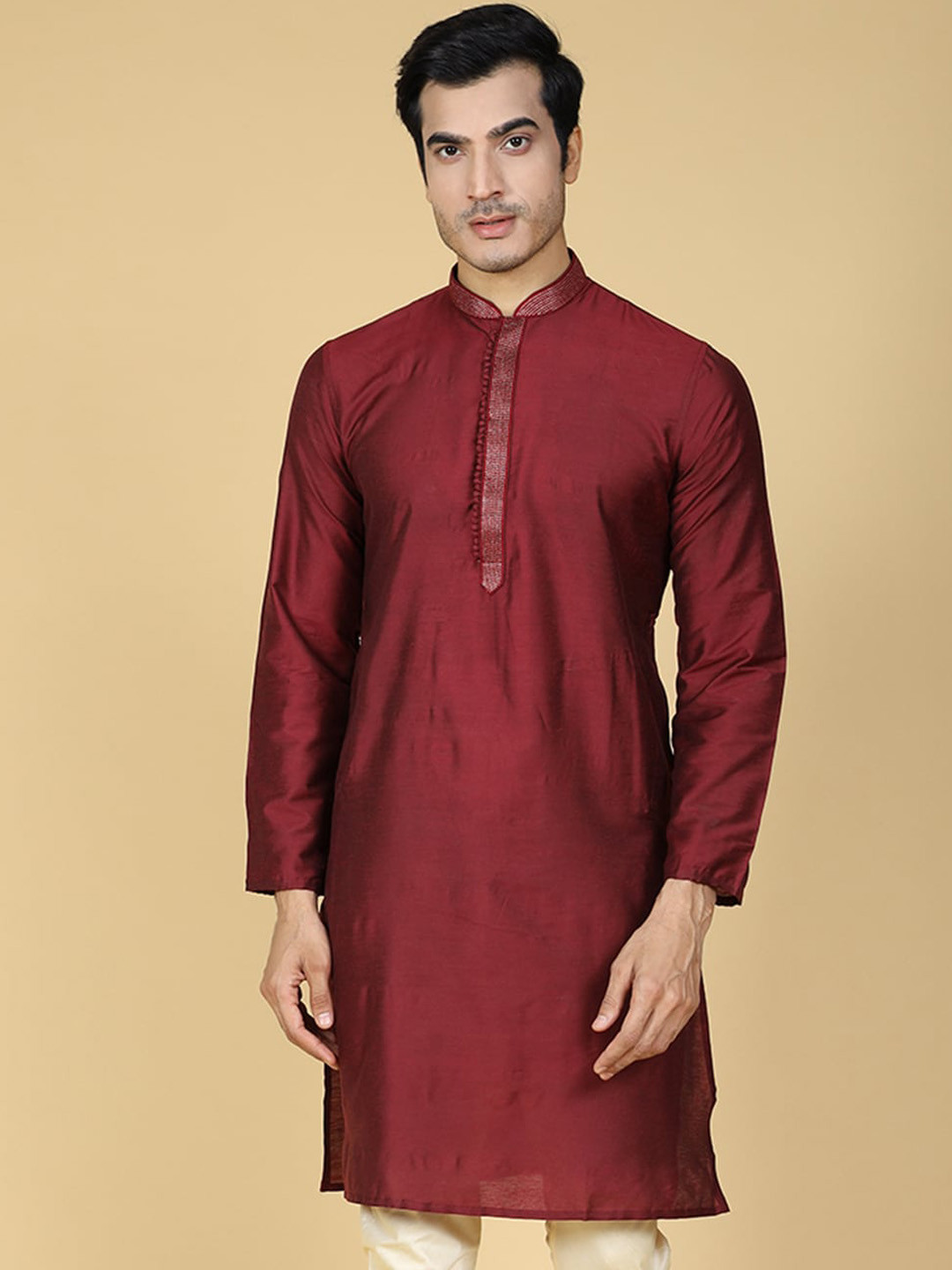 Buy Sultan The King Of Kurta Mandarin Collar Thread Work Cotton Silk