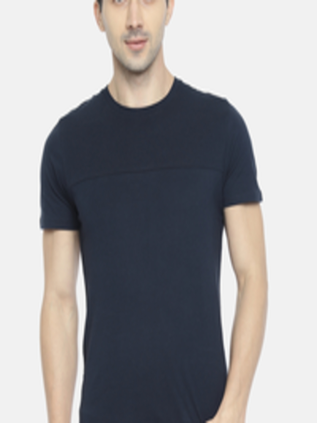 Buy SELECTED Men Navy Blue Solid Round Neck Pure Cotton T Shirt ...