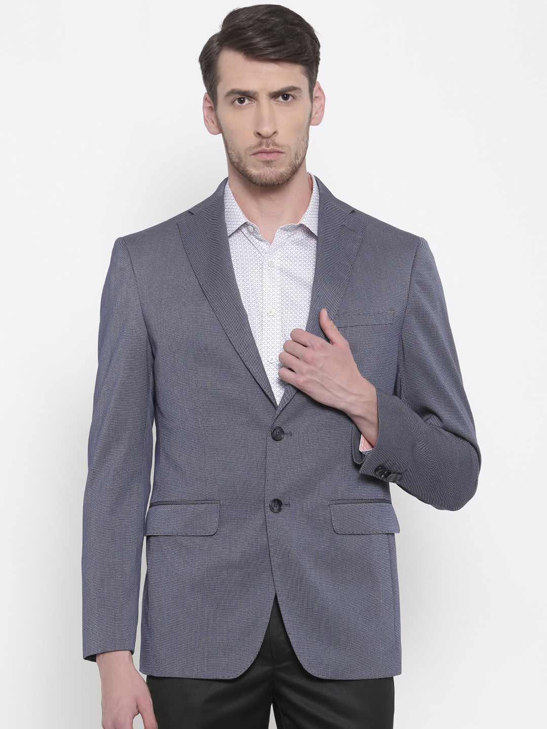 Buy Peter England Men Navy Patterned Single Breasted Neo Slim Fit