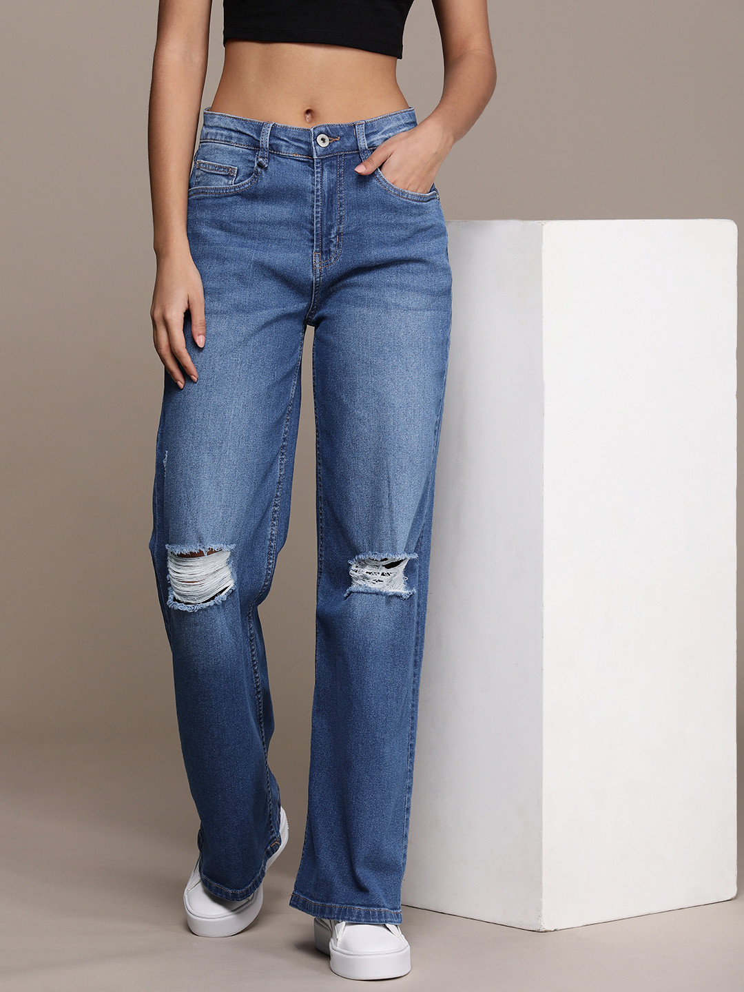 Women's Blue Wide Leg Slash Knee Light Fade Stretchable Denim Jeans