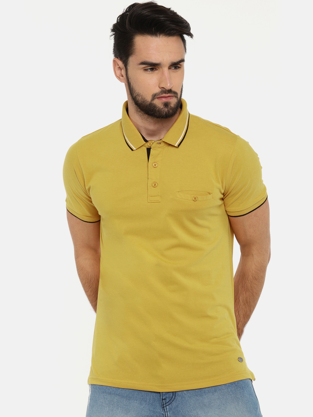 Buy Roadster Men Mustard Solid Polo Collar T Shirt - Tshirts for Men 2499277 | Myntra