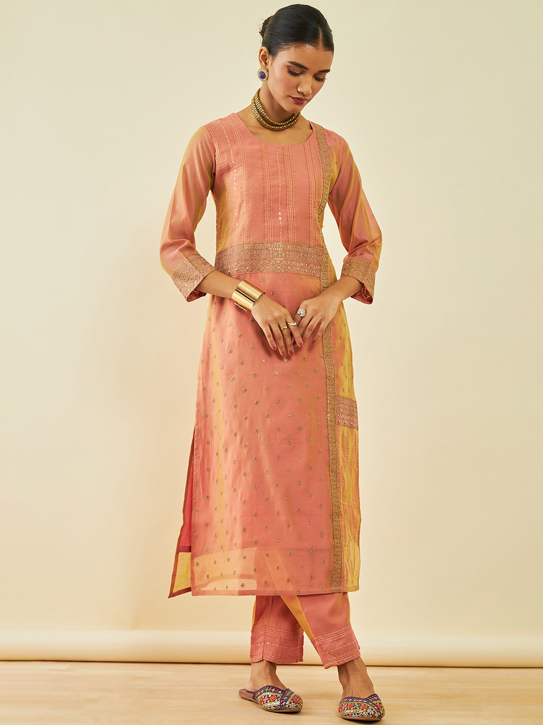 Women's Peach Round Neck Sequinned Empire Kurti