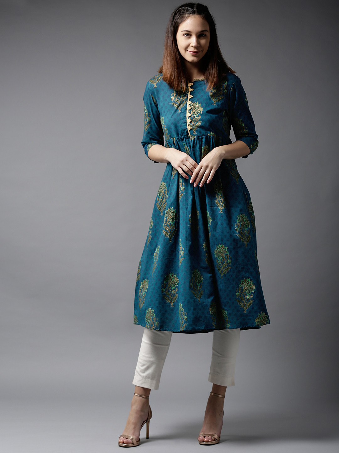 Women Teal Printed A-Line Kurta Trousers Set